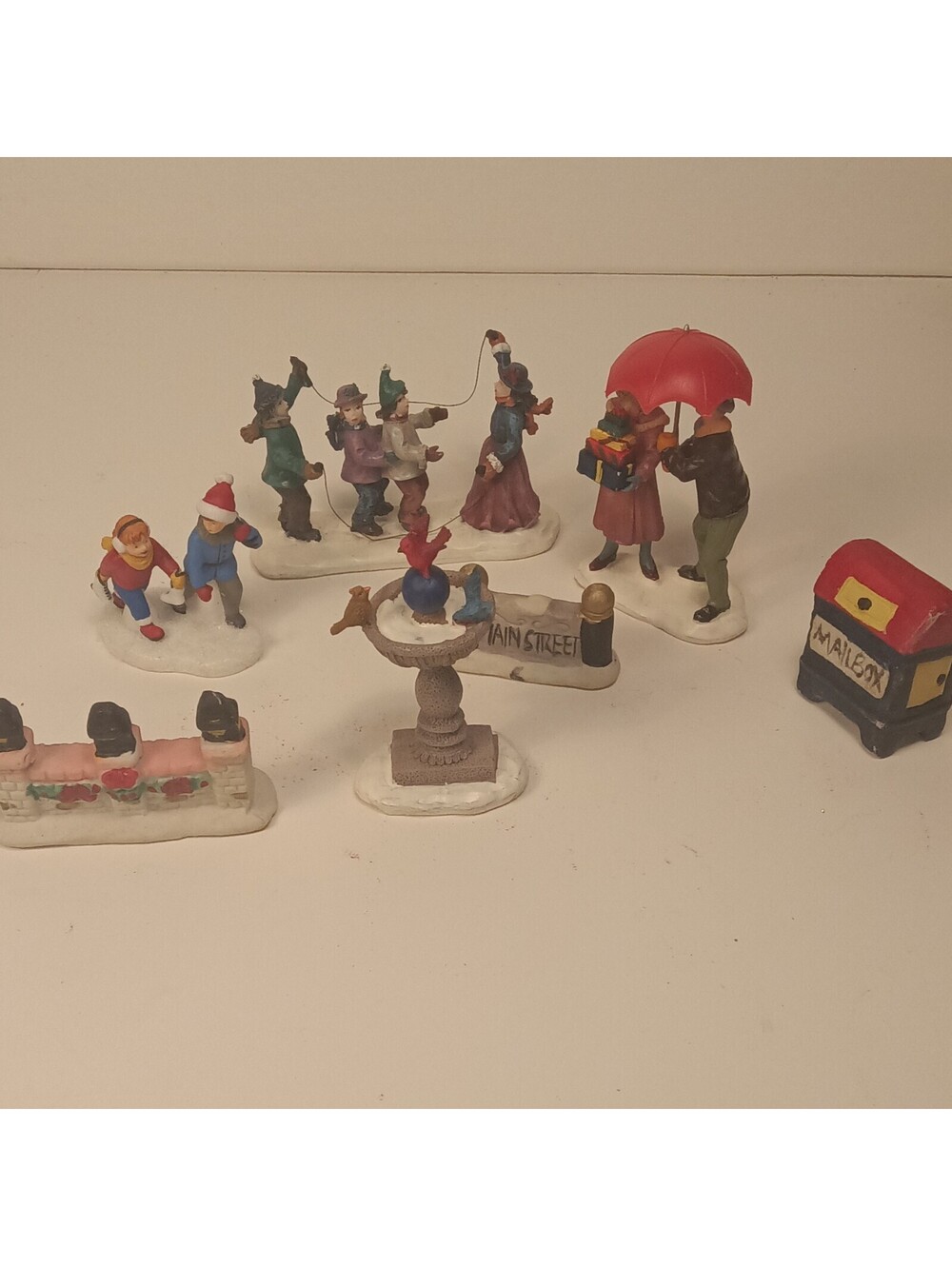 Miniature Christmas Town Figures 1.2 Bird Bath DoubleDutch Ice Skating Porcelain
